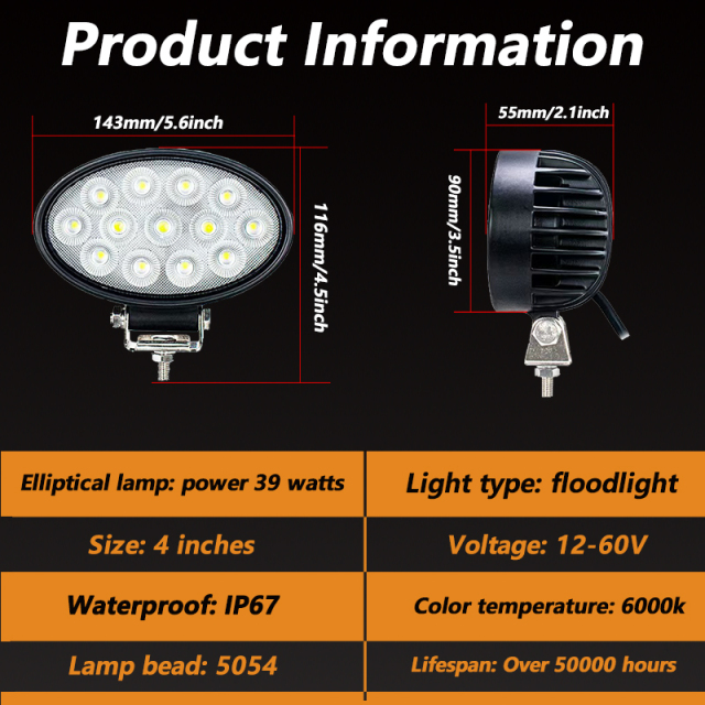 JOPOWER Oval 12v 4In 39W Led Flood Offroad Work Lights for Tractor