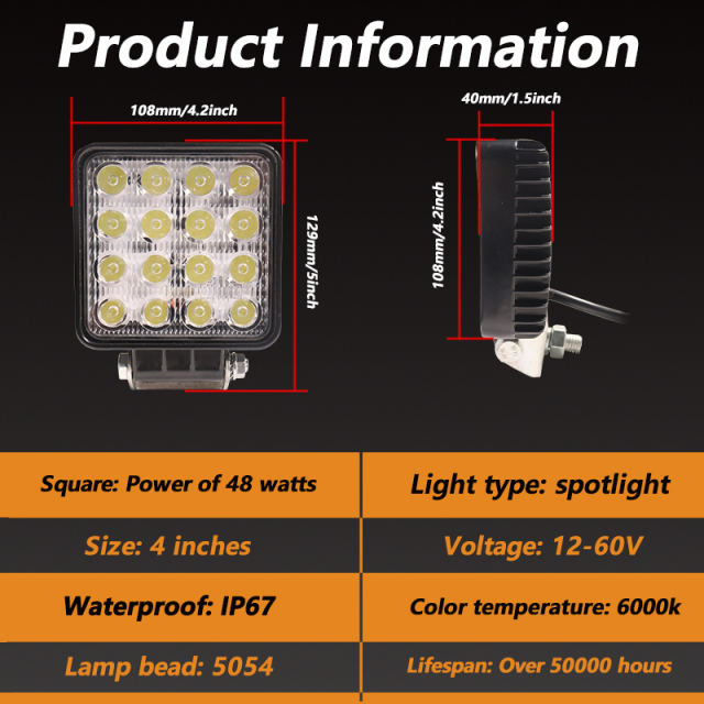 JOPOWER Work Led Light 4 Inch 48W Square Off Road Lights for Jeep