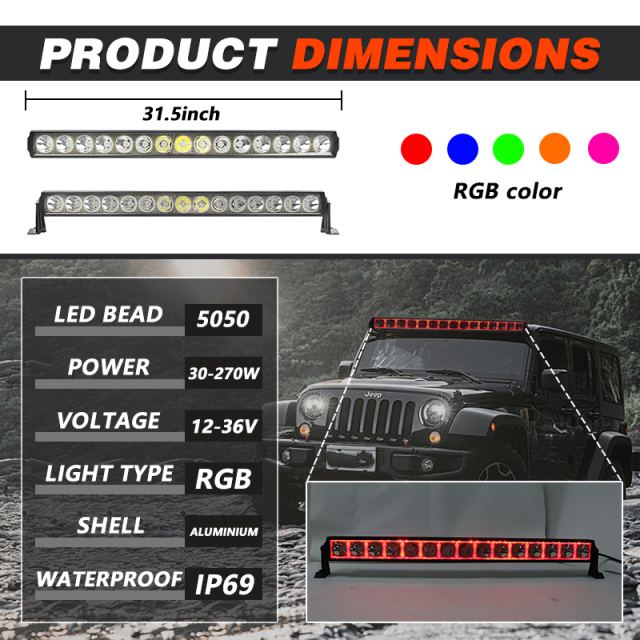 RGB LED Light Bar 8/14/20/32/43/55 Inch Universal Off Road Driving Work Light for 4x4 UTV ATV Truck SUV Car Roof Rack Mount