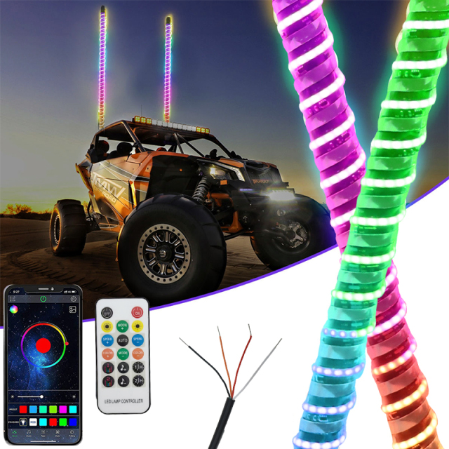 RGB 2FT 3FT 60cm Hyper COB LED Fat Whip Light Mining Buggi Spiral 0.8inch Chasing Dancing APP Remote Control