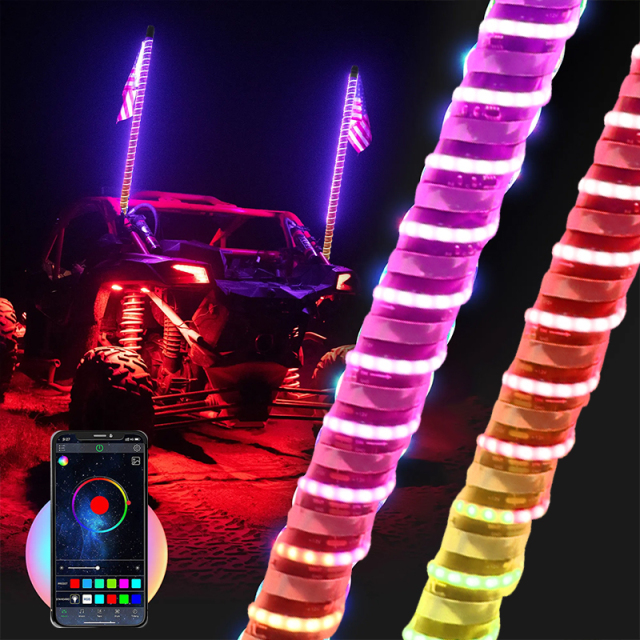 RGB 2FT 3FT 60cm Hyper COB LED Fat Whip Light Mining Buggi Spiral 0.8inch Chasing Dancing APP Remote Control
