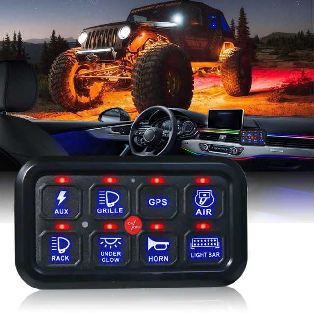 8 Gang Switch Panel Control Box Plug-in with APP for SUV Truck 4x4 12V 24V Off-Road LED Panel Circuit for SUV Truck 4x4