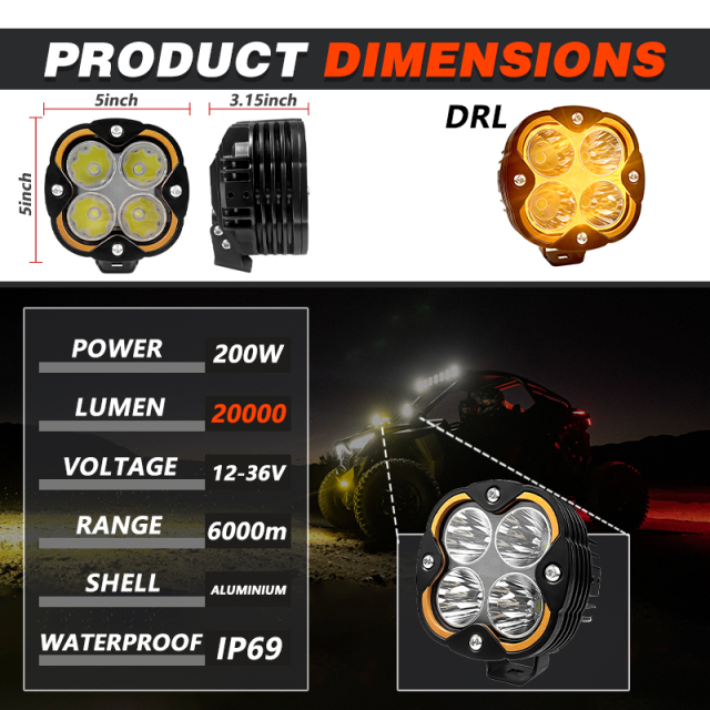 New Super Bright 200W 5 Inch LED Auxiliary Driving Offroad Light DRL 24V Offroad Fog Spot Light for Car Truck Pickup ATV UTV