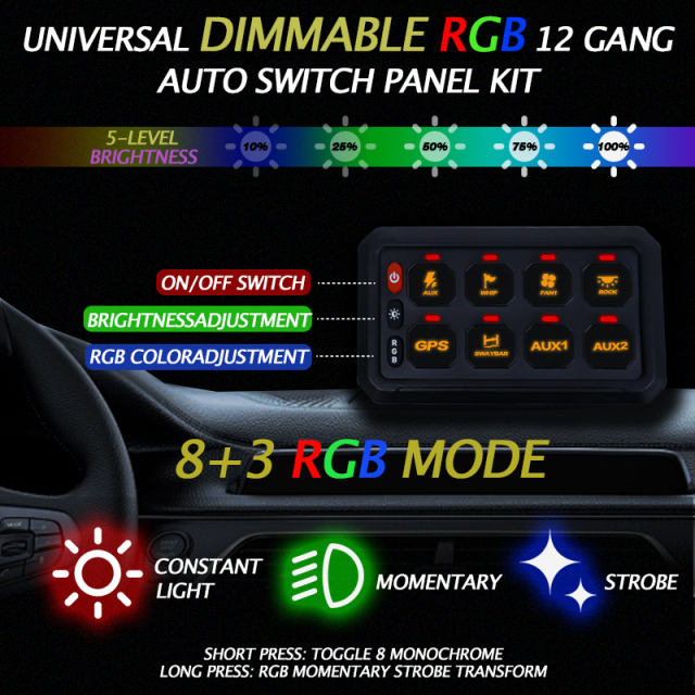 Universal 8 Gang Combination Switch with RGB and 60A Fuse-12-24V DC Off-Road Light Control for Jeep Truck SUV UTV