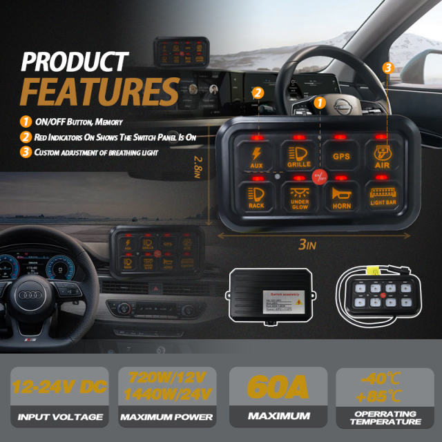 8 Gang Switch Panel Control Box Plug-in with APP for SUV Truck 4x4 12V 24V Off-Road LED Panel Circuit for SUV Truck 4x4