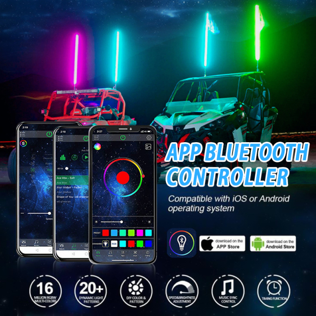 RGB 2FT 3FT 60cm Hyper COB LED Fat Whip Light Mining Buggi Spiral 0.8inch Chasing Dancing APP Remote Control