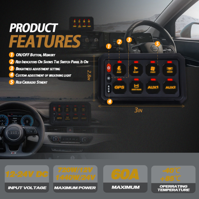Universal 8 Gang Combination Switch with RGB and 60A Fuse-12-24V DC Off-Road Light Control for Jeep Truck SUV UTV