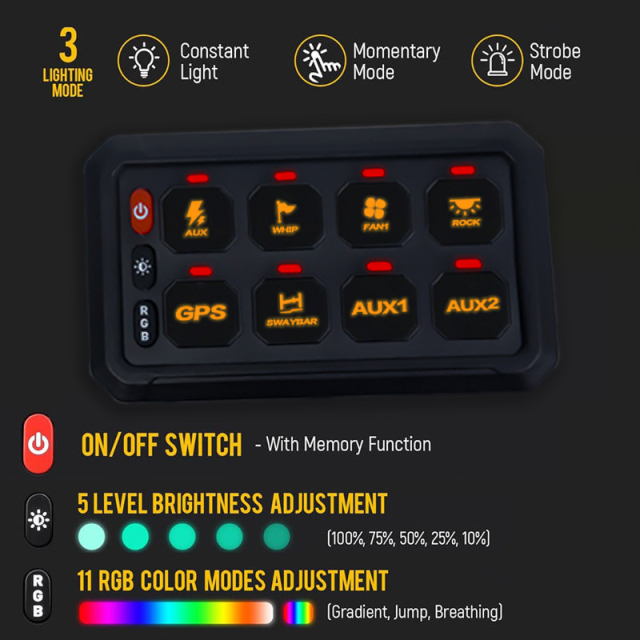 Universal 8 Gang Combination Switch with RGB and 60A Fuse-12-24V DC Off-Road Light Control for Jeep Truck SUV UTV