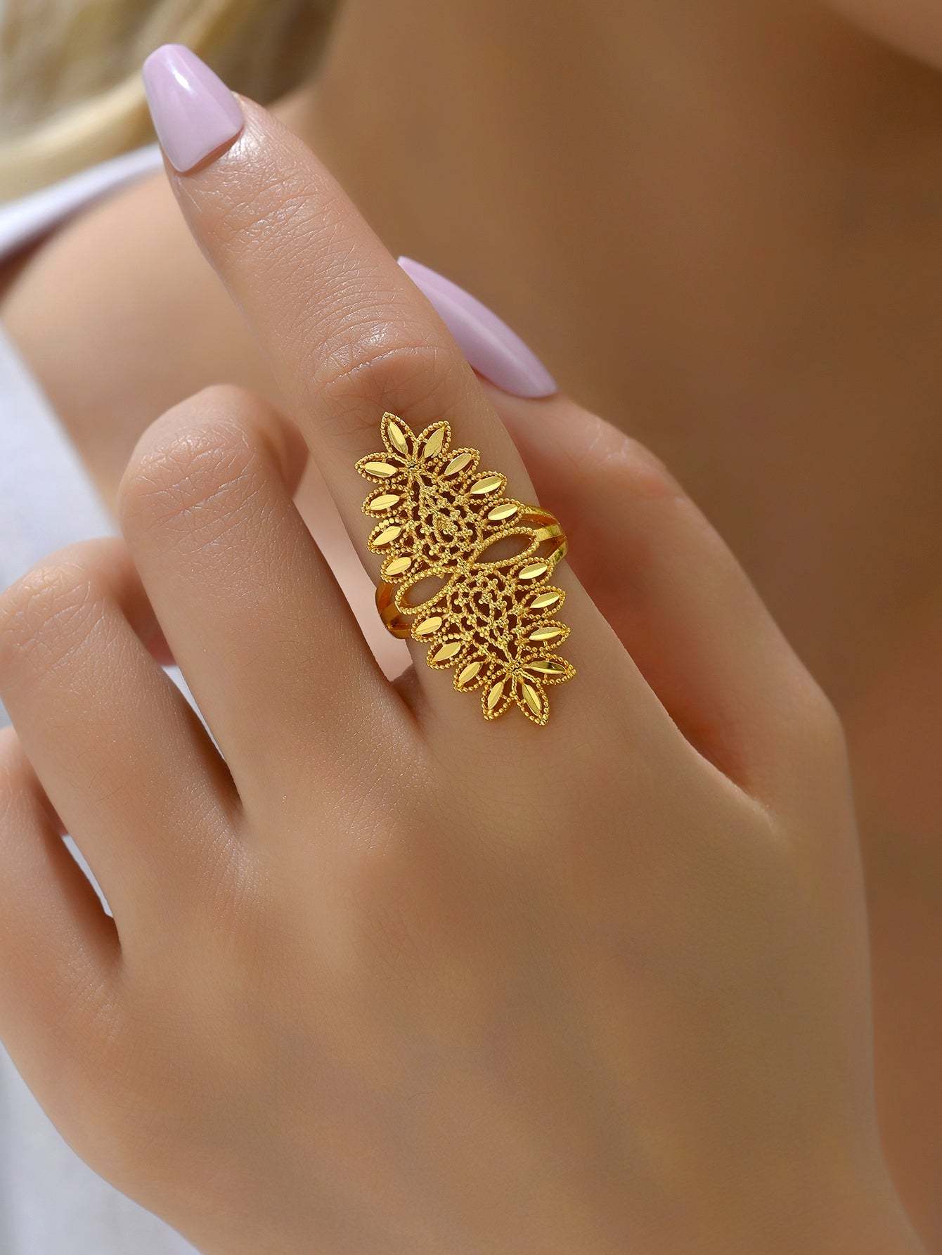 18K Gold Plated一件欧美时尚麦穗吉祥戒指开口女戒镂空结婚庆首饰品