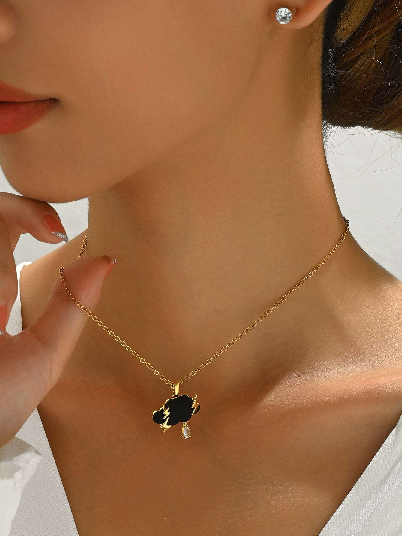 18K Gold Plated 三件套时尚个性百搭气质精美闪电云朵吊坠项链女款套装