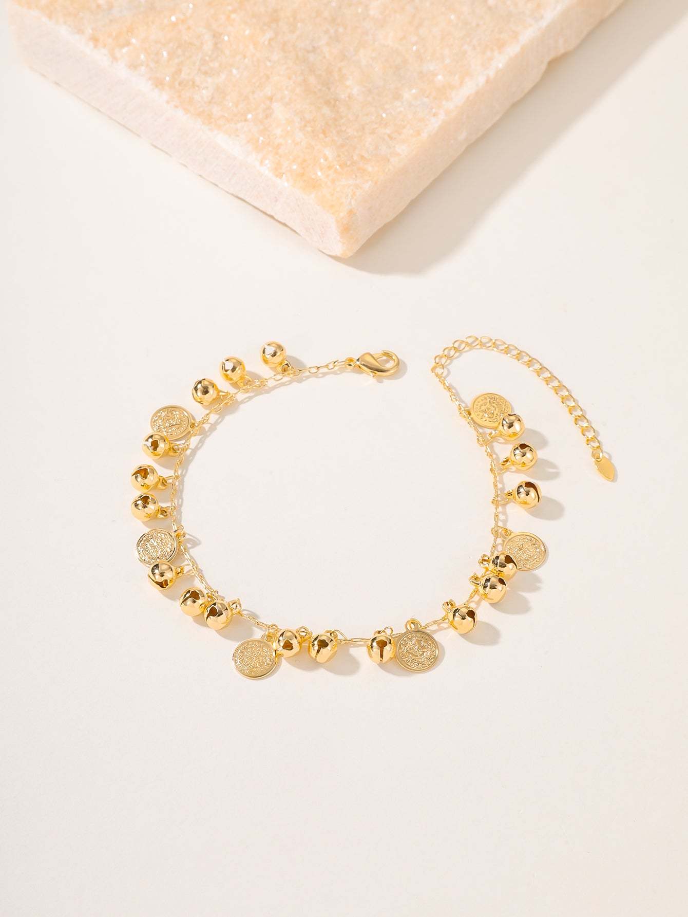 18K Gold Plated 一件时尚简约精致复古沙滩气质百搭古币铃铛可调节休闲通勤女士脚链