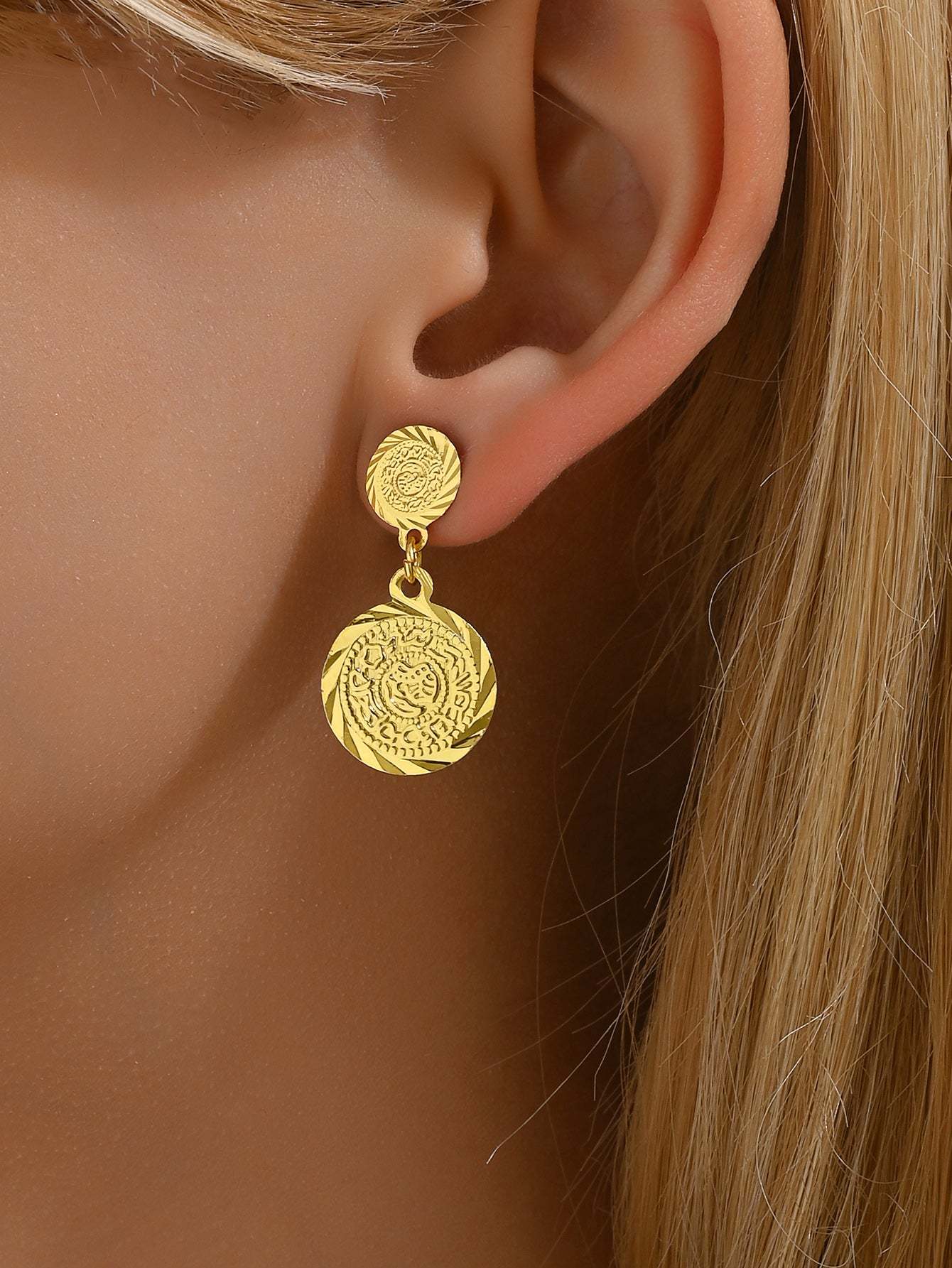 18K Gold Plated 一对时尚个性钱币女式耳环耳饰耳坠