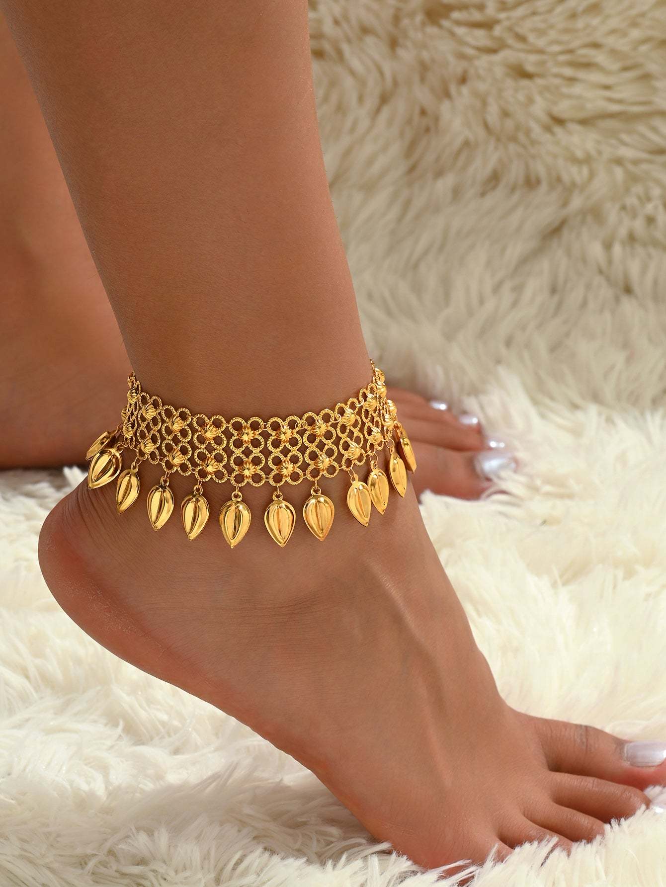 18K Gold Plated 1件时尚简约百搭休闲通勤精致铃铛穗麦流苏多层女款脚链