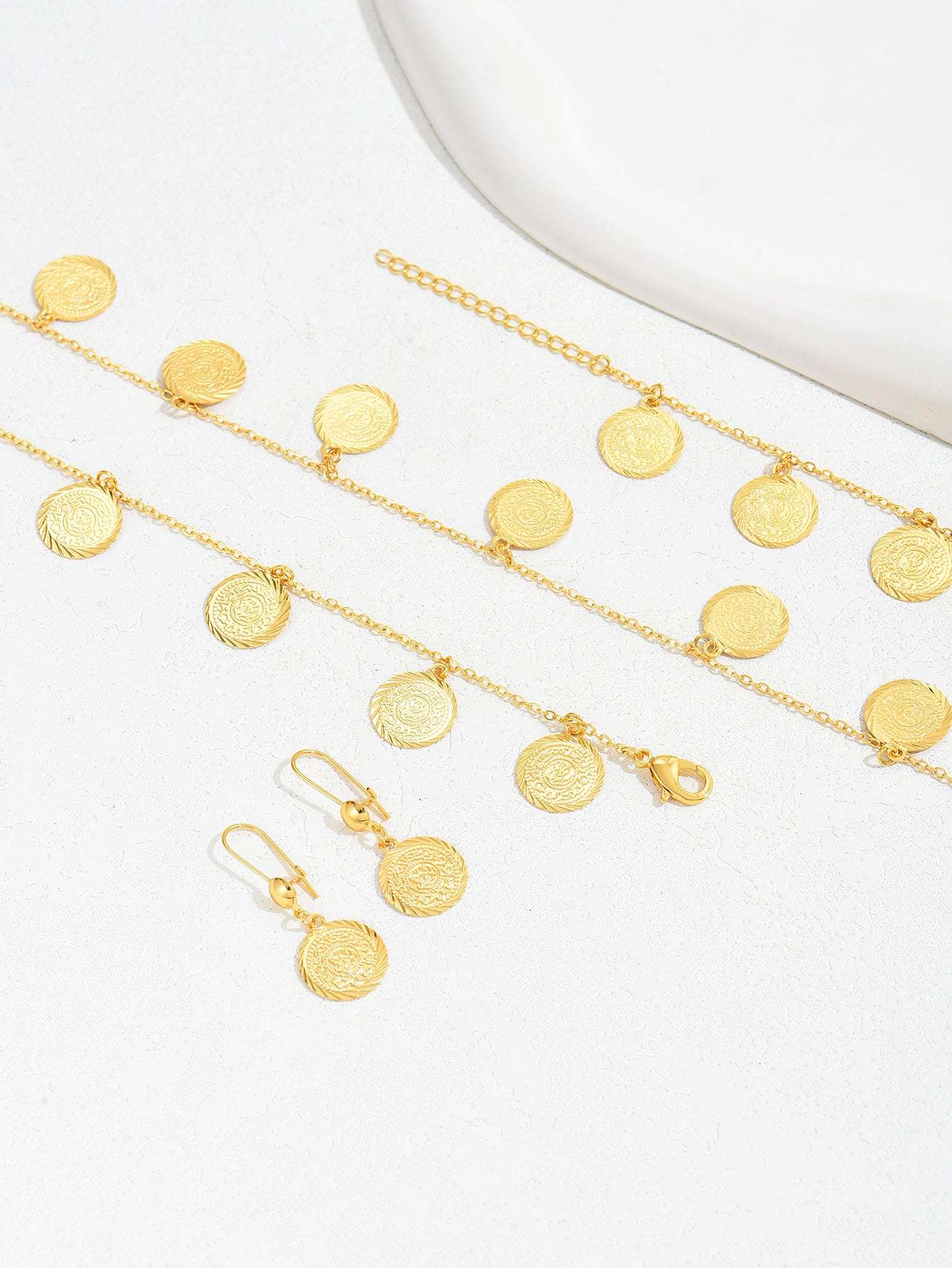 18K Gold Plated 三件套项链耳环简约时尚个性钱币套装
