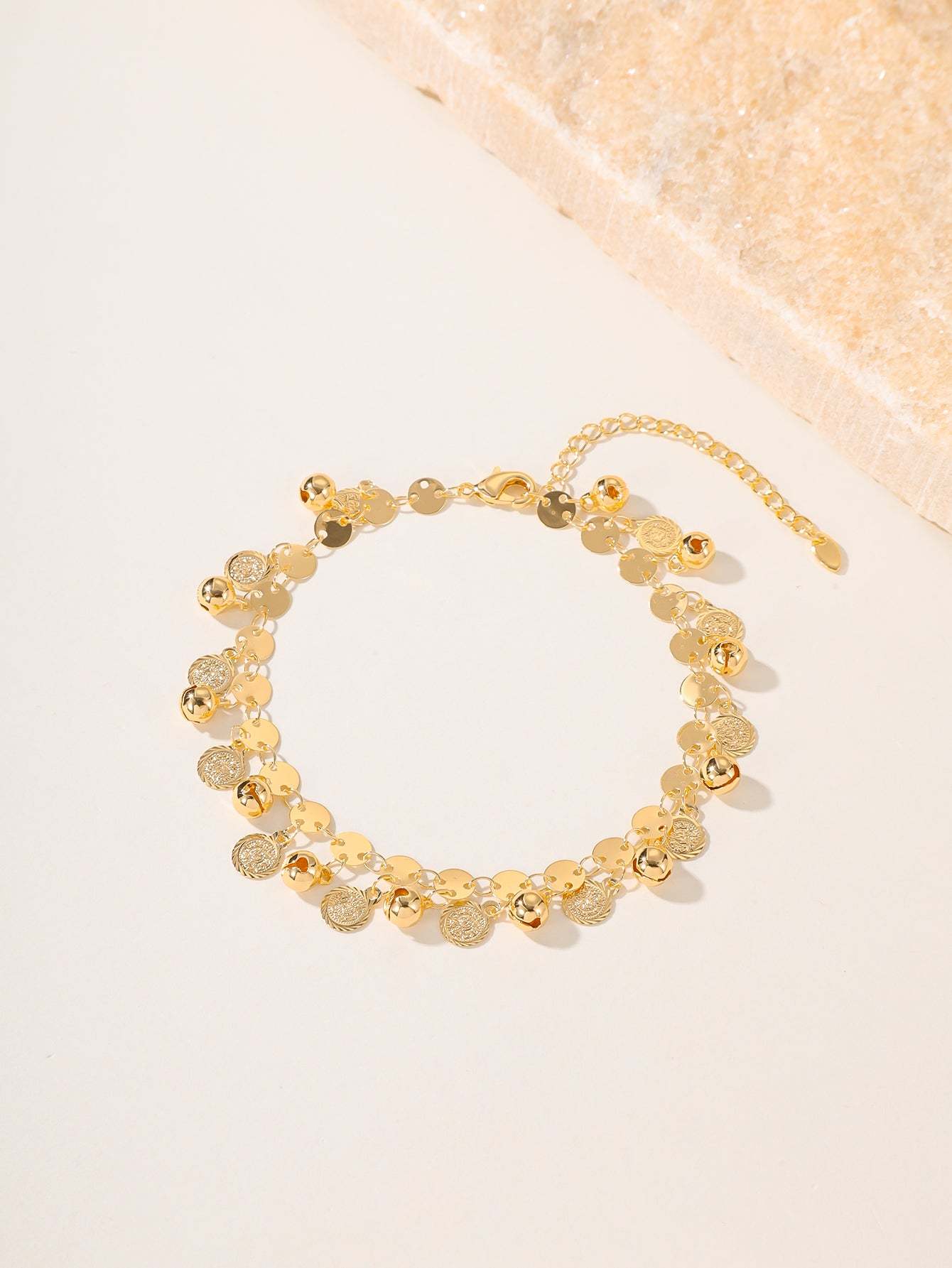18K Gold Plated 一件时尚简约精致复古沙滩气质百搭古币铃铛可调节休闲通勤女士脚链