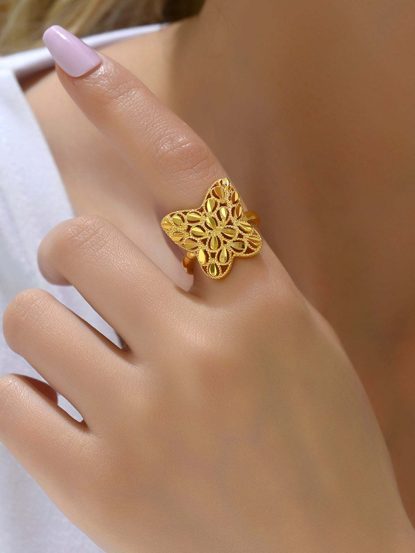 18K Gold Plated一件欧美时尚麦穗吉祥戒指开口女戒镂空结婚庆首饰品
