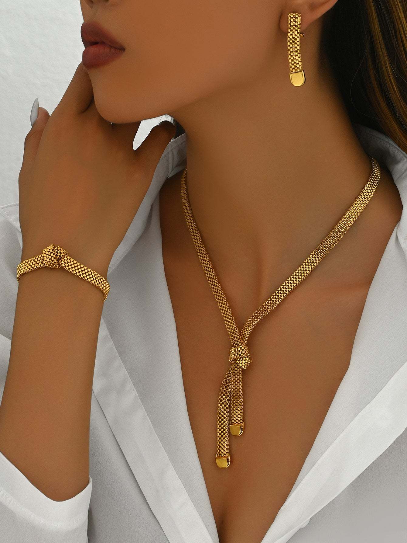 18K Gold Plated四件套简约镂空宽项链耳环手链网面高级百搭女式套装