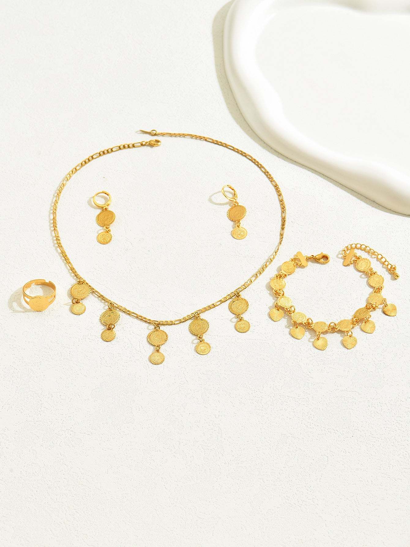 18K Gold Plated 五件套时尚简约休闲通勤精致复古气质个性钱币百搭项链耳环戒指手链套装