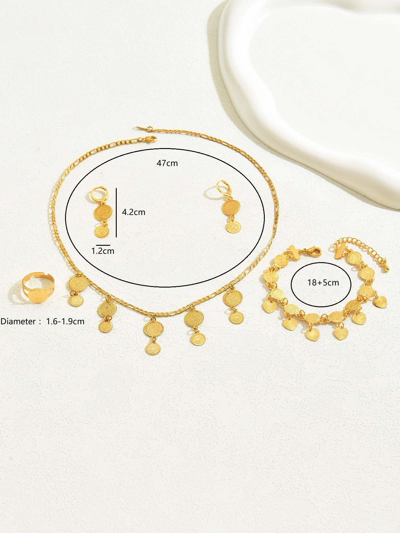 18K Gold Plated 五件套时尚简约休闲通勤精致复古气质个性钱币百搭项链耳环戒指手链套装