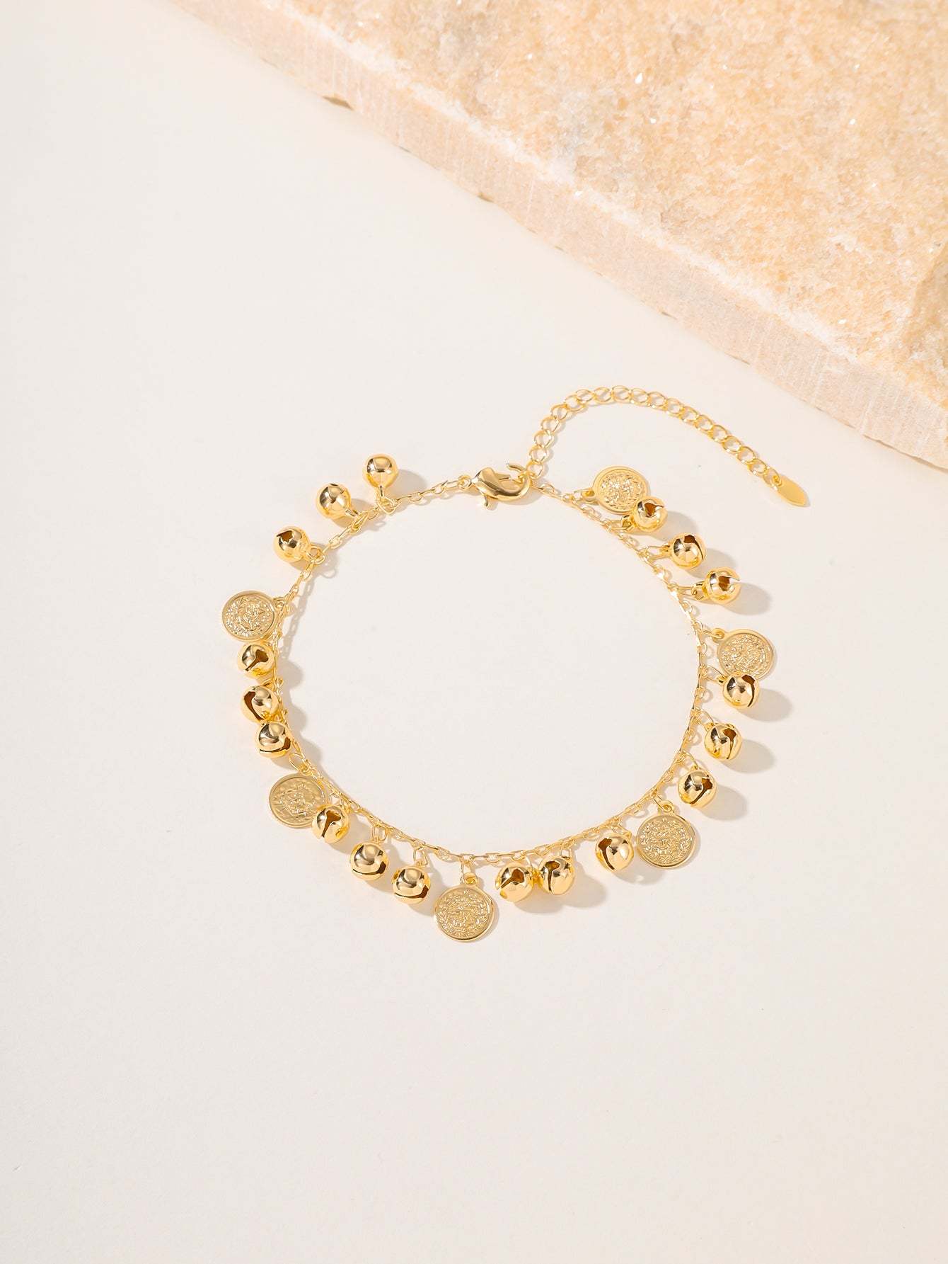 18K Gold Plated 一件时尚简约精致复古沙滩气质百搭古币铃铛可调节休闲通勤女士脚链