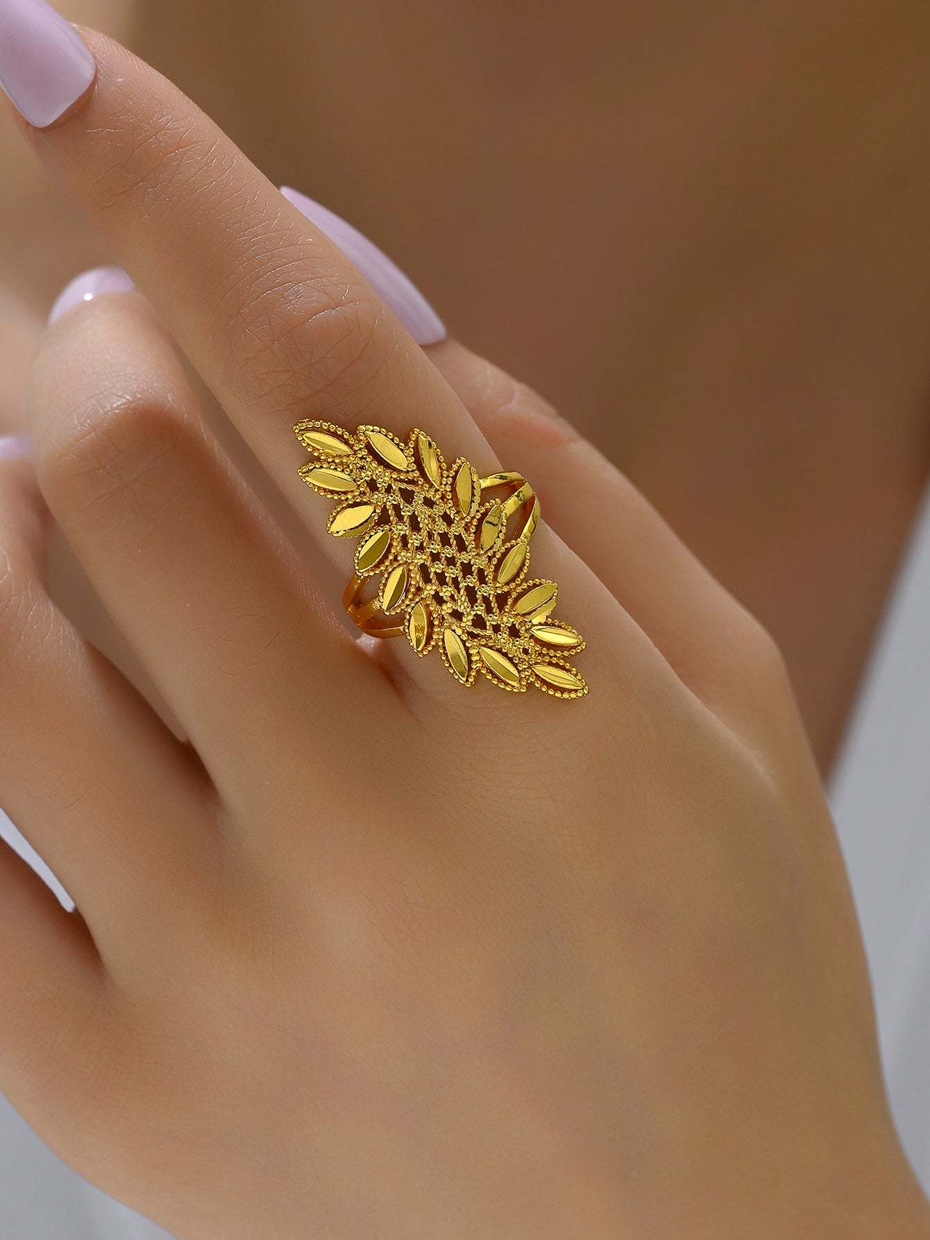 18K Gold Plated一件欧美时尚麦穗吉祥戒指开口女戒镂空结婚庆首饰品