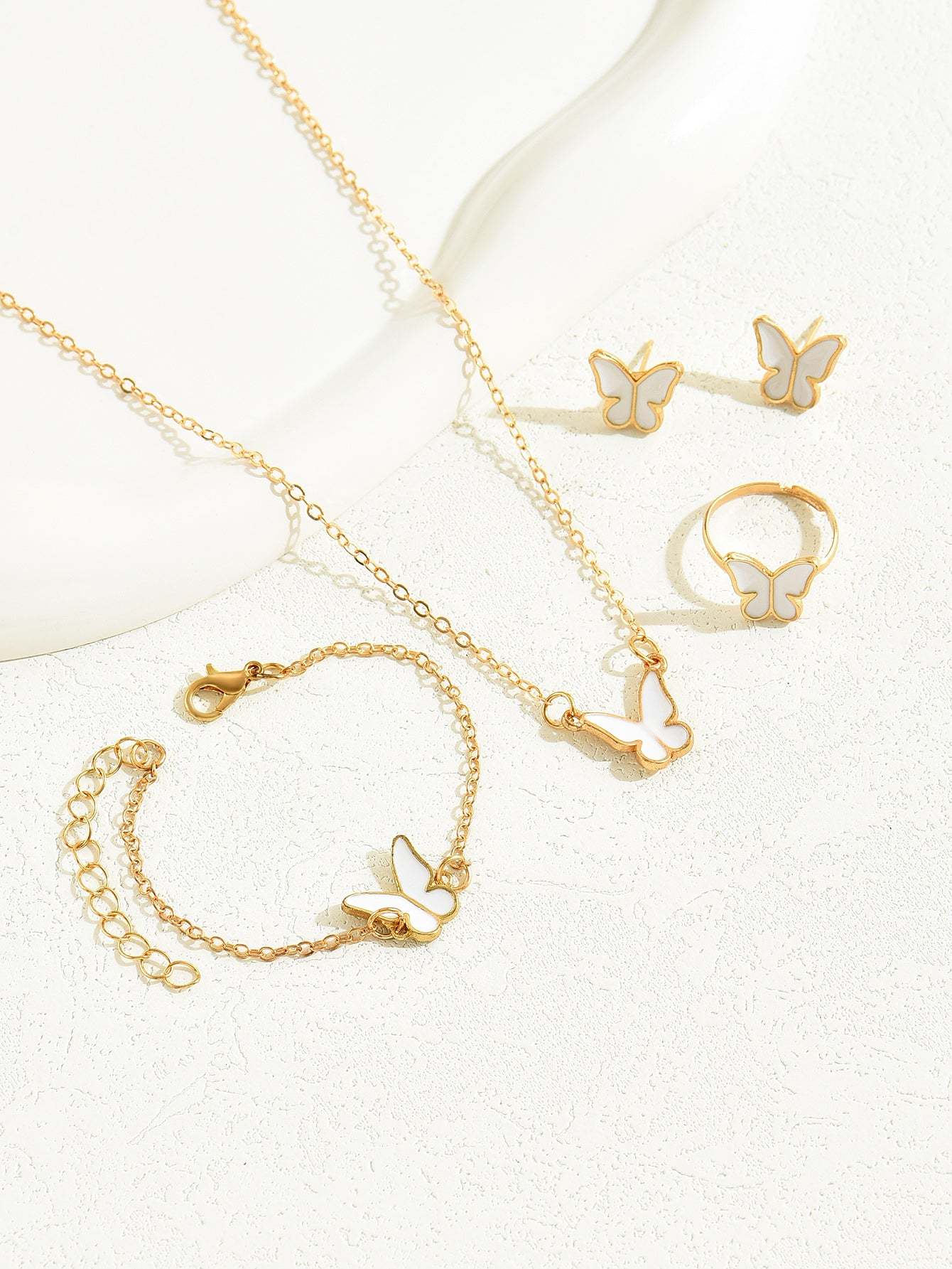 18K Gold Plated 五件套蝴蝶吊坠首饰 创意耳环项链手链戒指组合女式套装