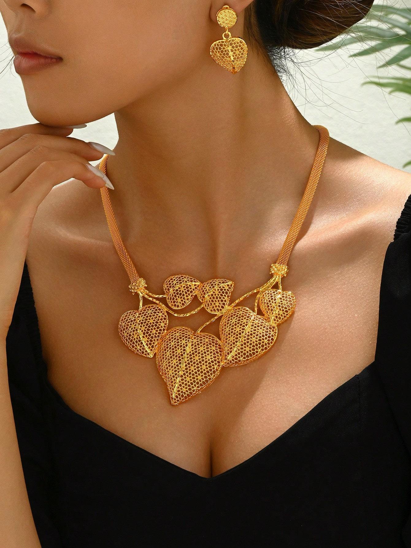 18K Gold Plated 三件套时尚复古婚礼项链古风异域风情耳环项链女款套装
