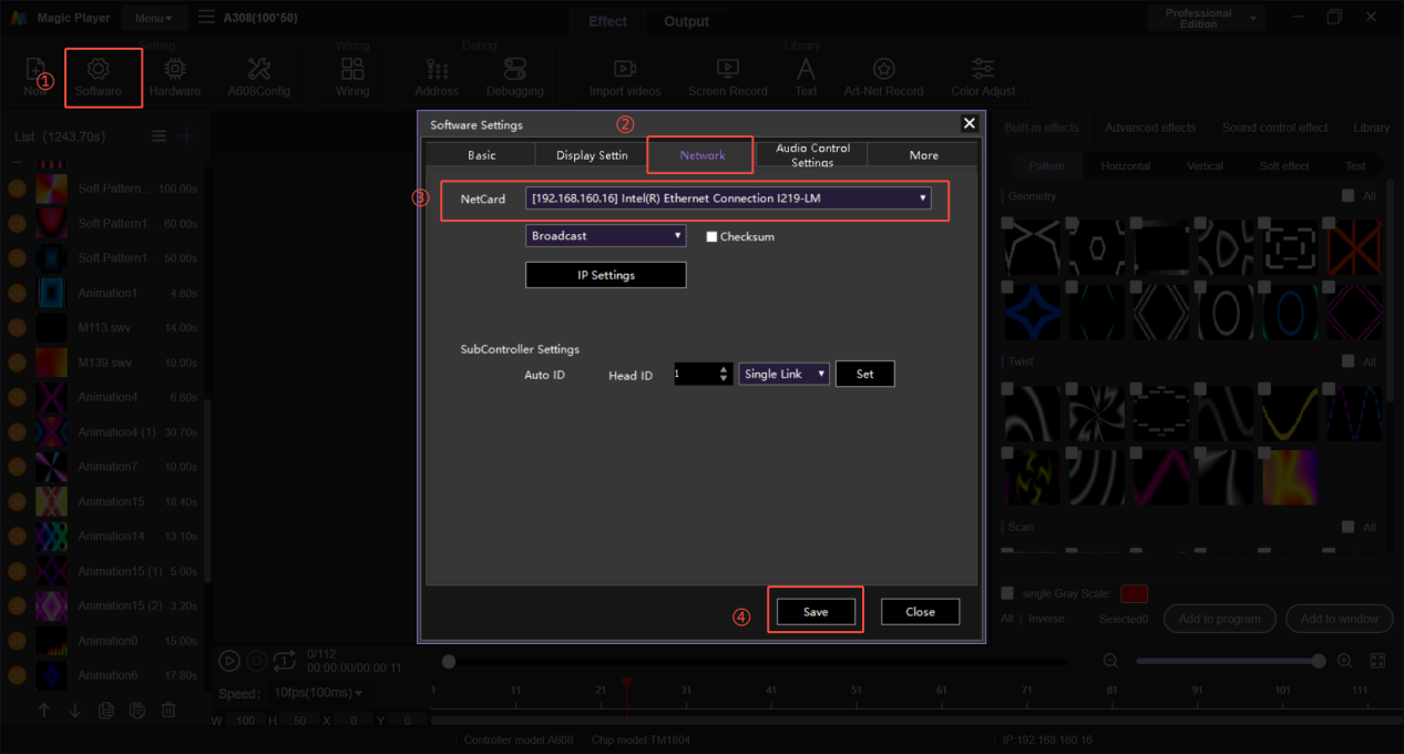 Magic Player network settings for Seekway LED controller