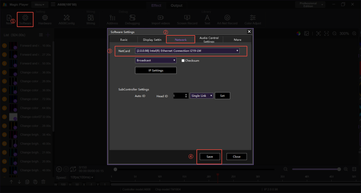 Magic Player network setup for A608 LED controller