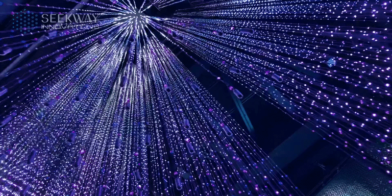 High-transparency LED voxel display above cultural model in Osaka Expo France Pavilion