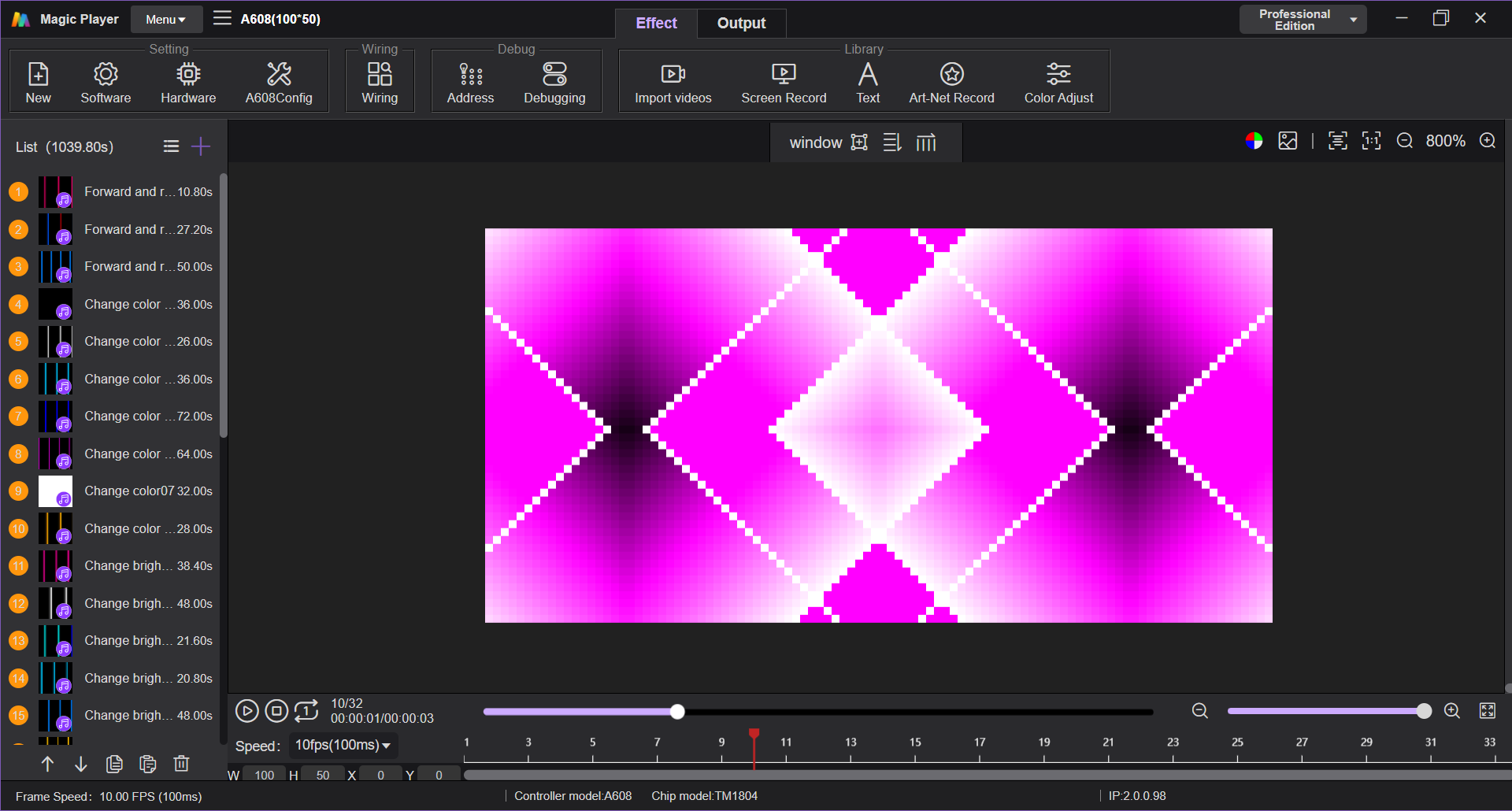 Magic Player previewing effects for A608 LED controller