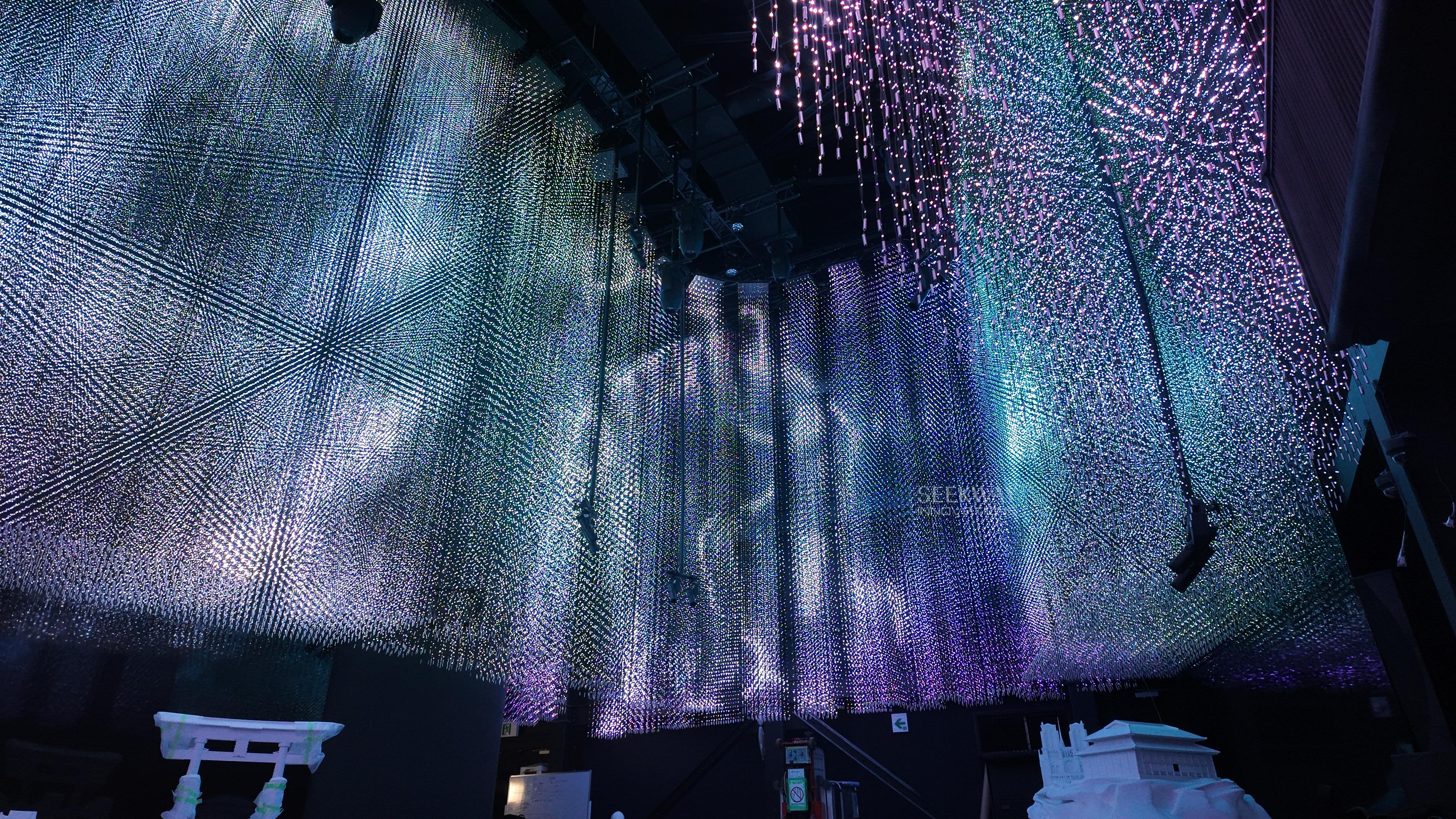 Vertical LED voxel strands installation at Osaka Expo France Pavilion