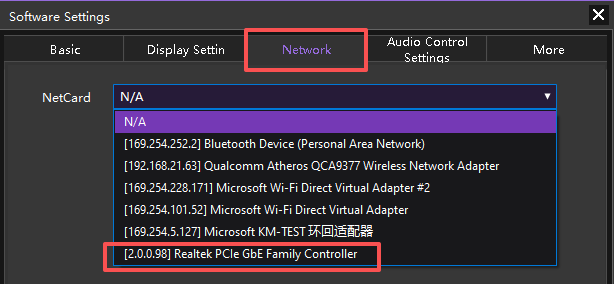 Select the Network Adapter in Magic Player