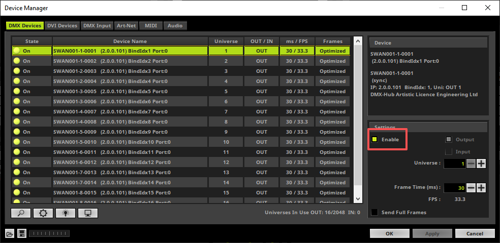 Click the DMX Devices tab and Enable all detected device ports