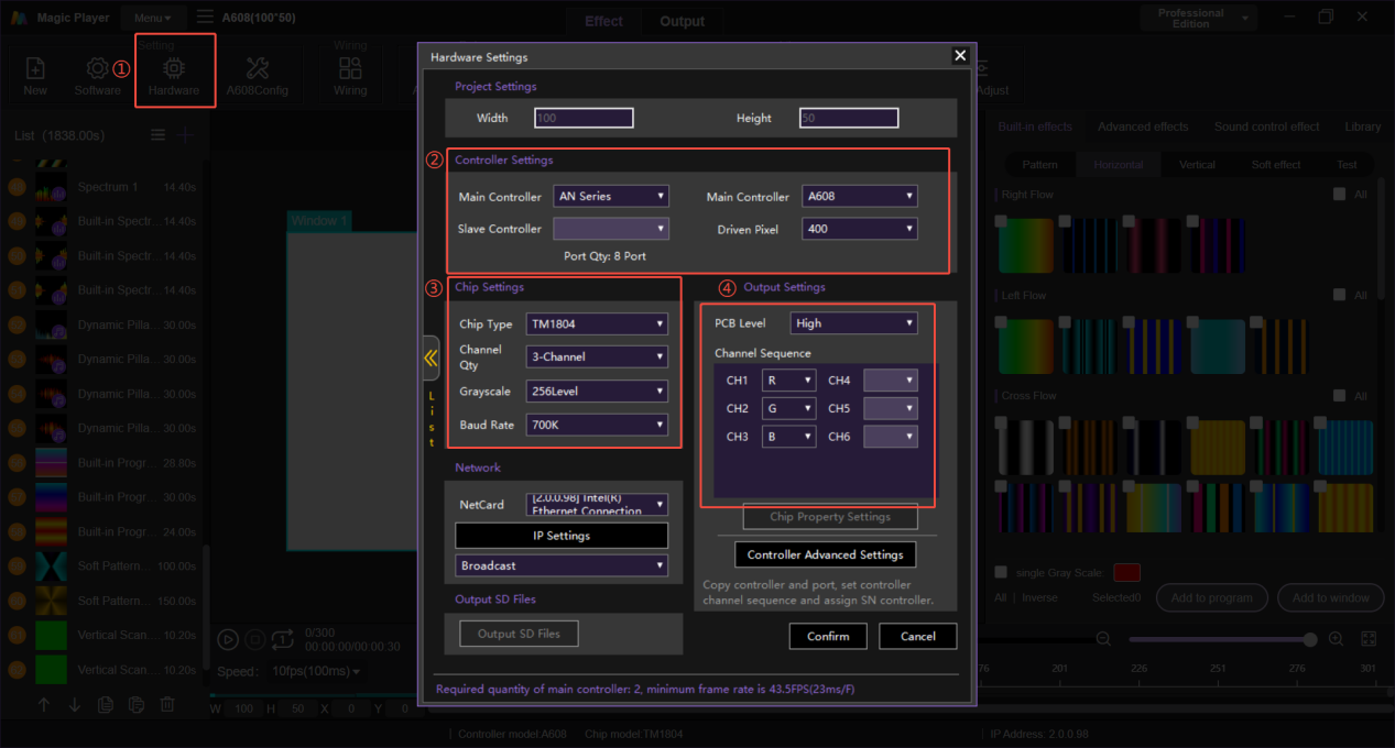 Configuring LED controller and chip settings in Seekway Magic Player