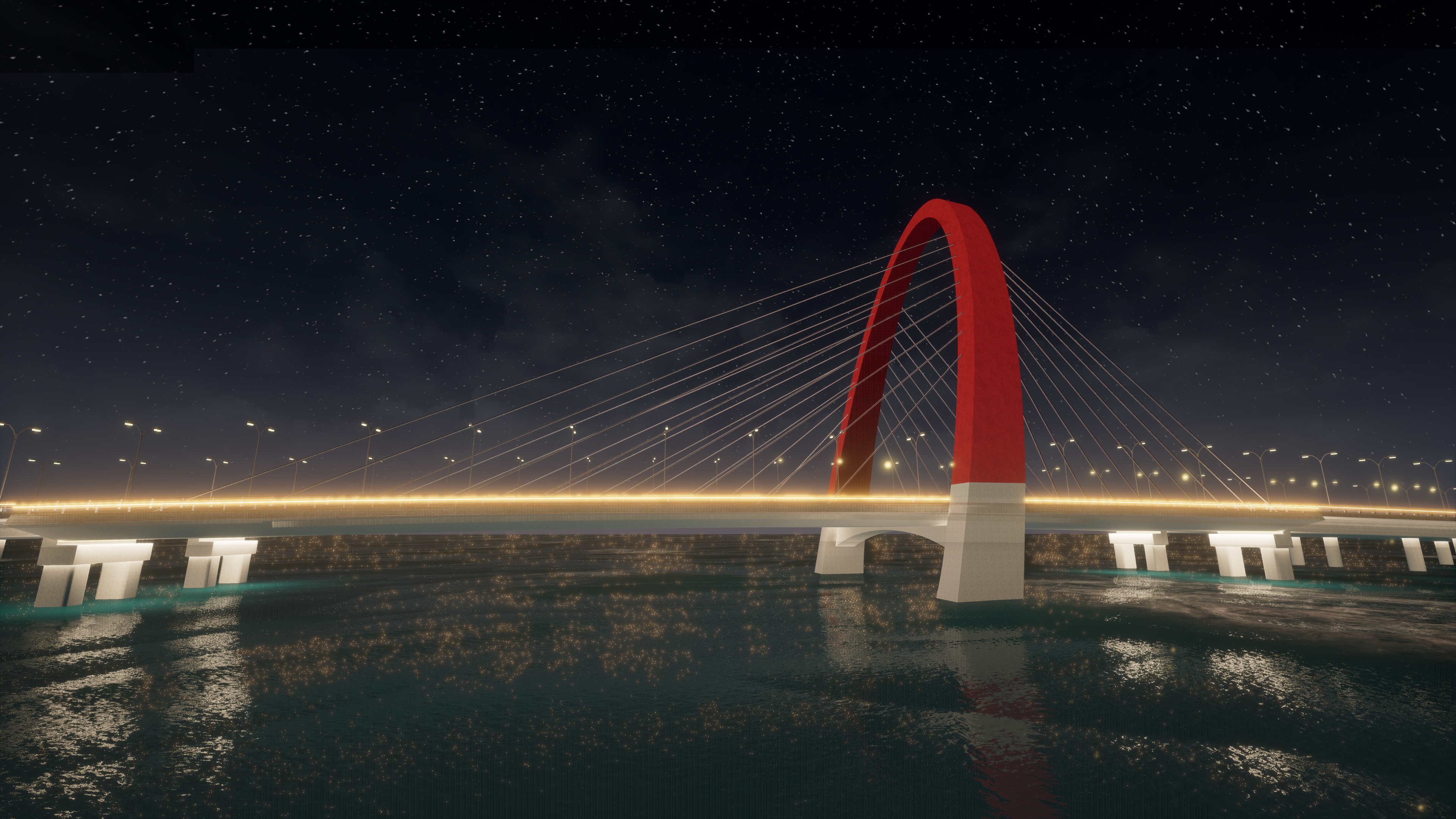 Night mode warm golden light render of red arch cable-stayed bridge