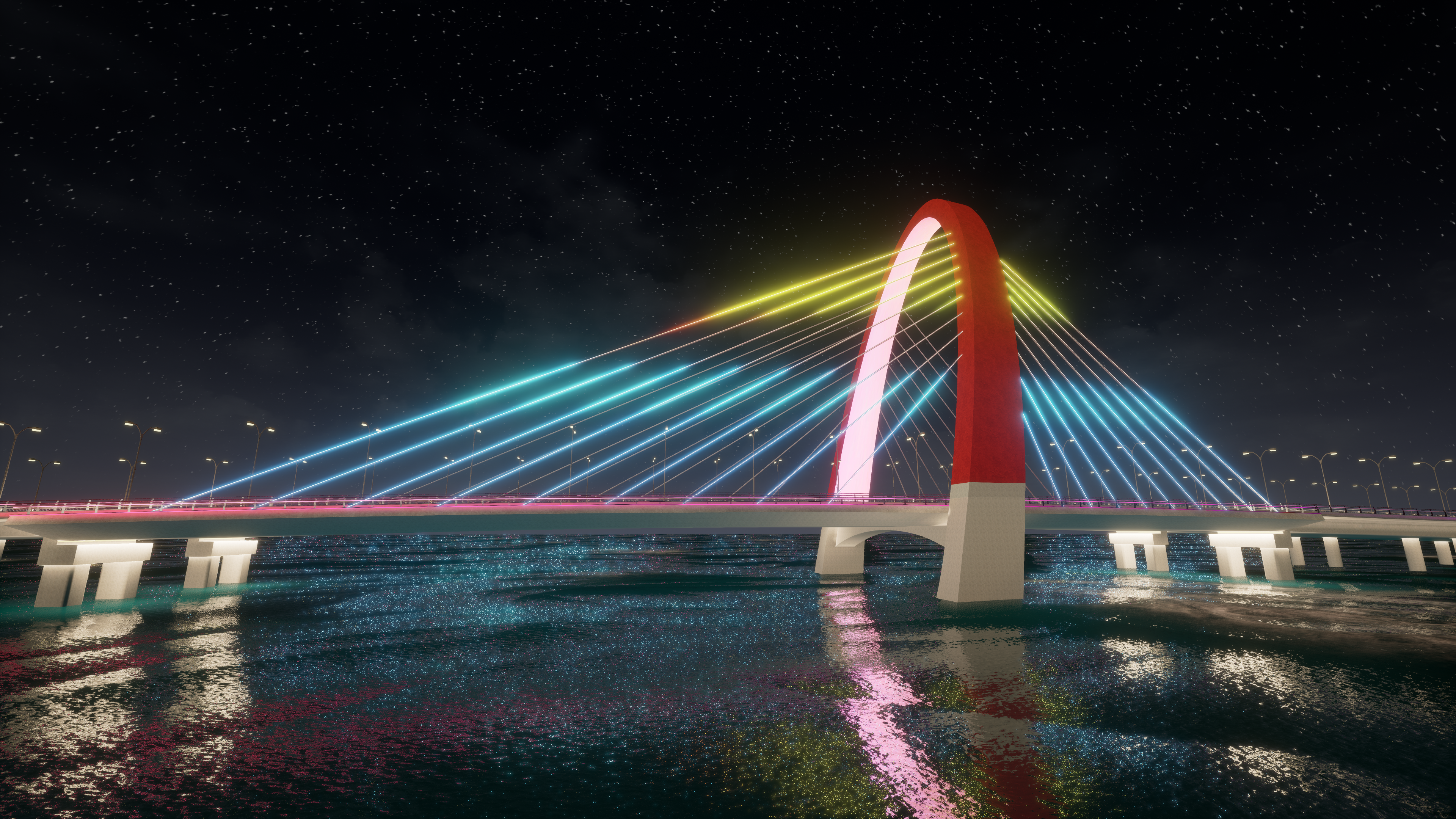 Weekend mode rainbow gradient lighting render of red arch cable-stayed bridge