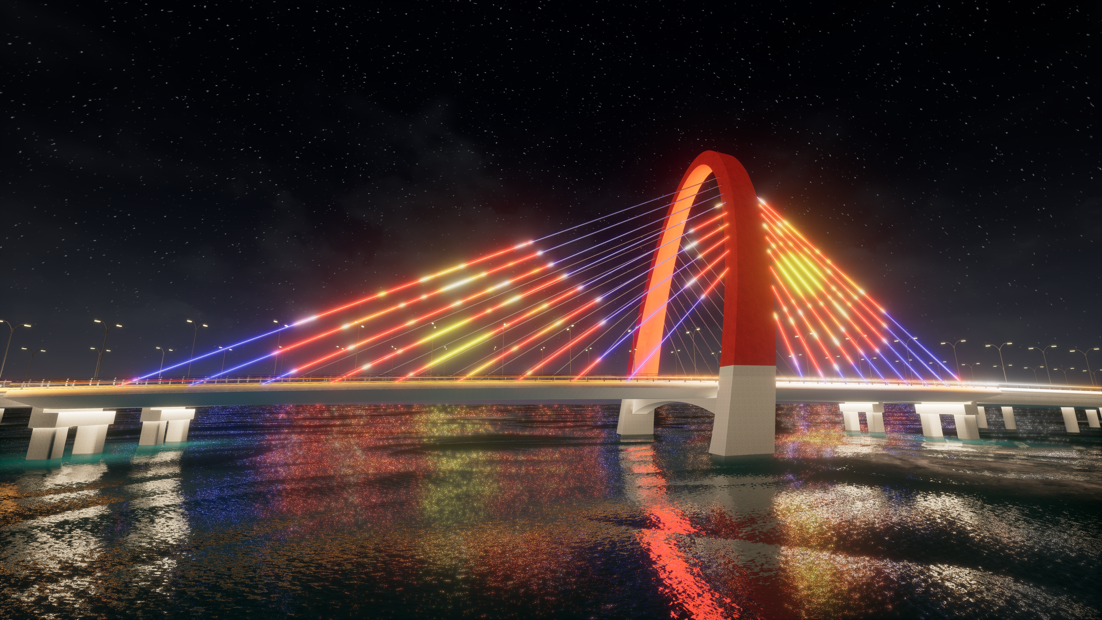 Festival mode dynamic rainbow lighting render of red arch cable-stayed bridge