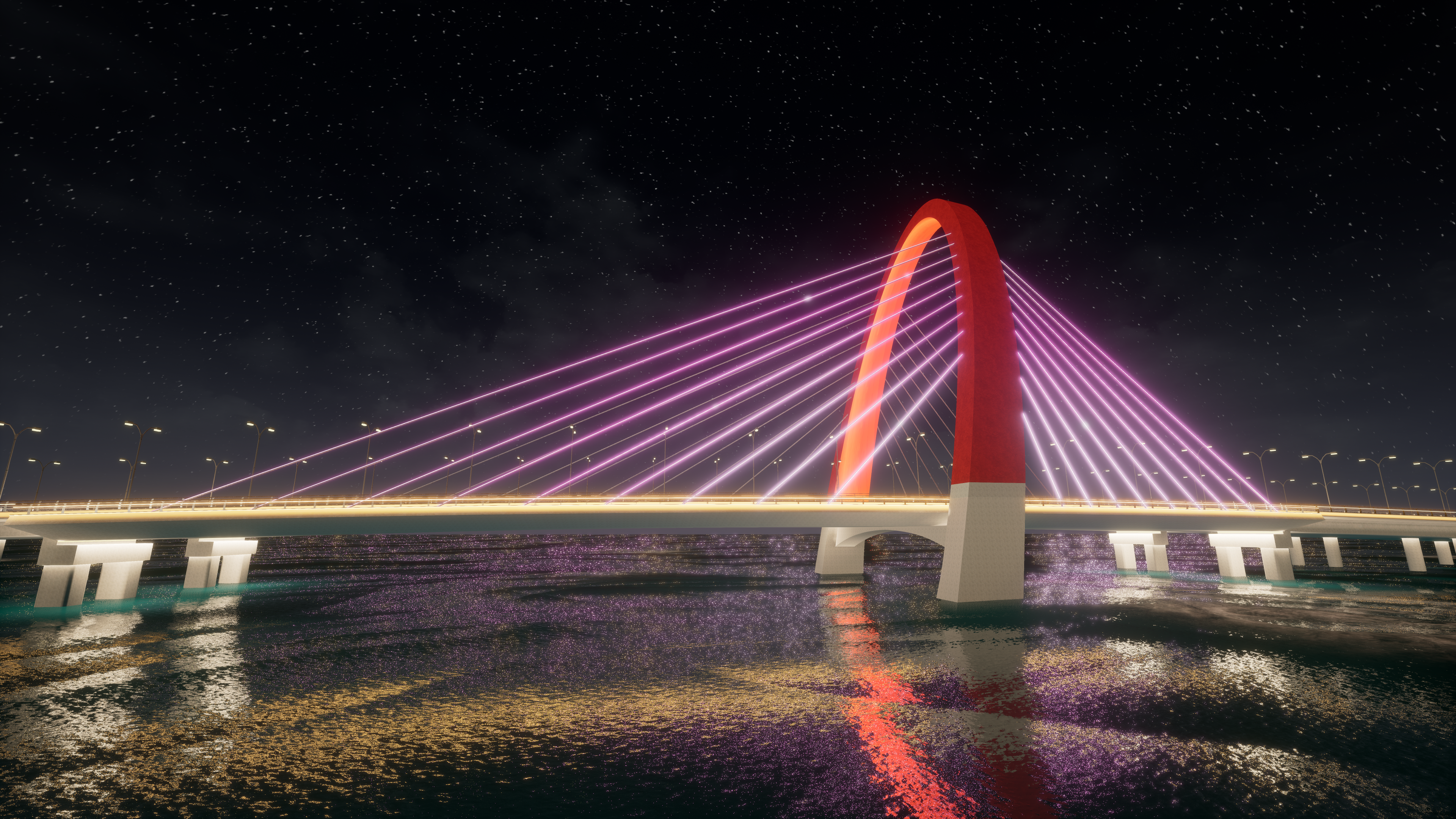 Daily mode purple LED lighting render of red arch cable-stayed bridge