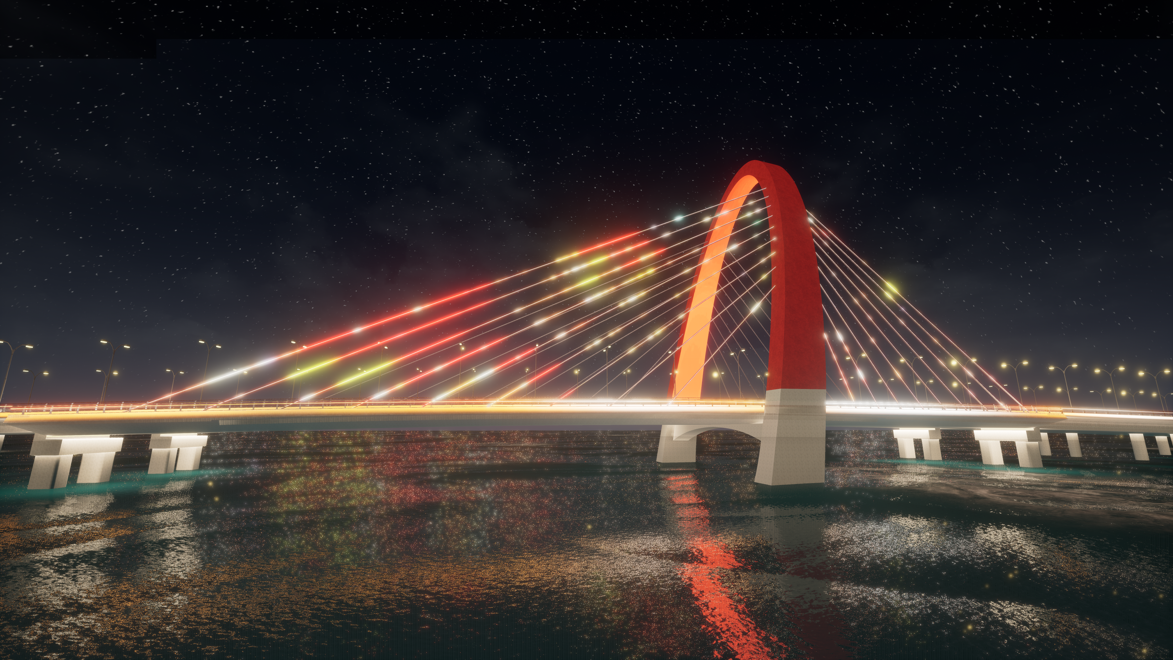 3D render of landmark arch bridge with vibrant flowing RGB lights in festival mode