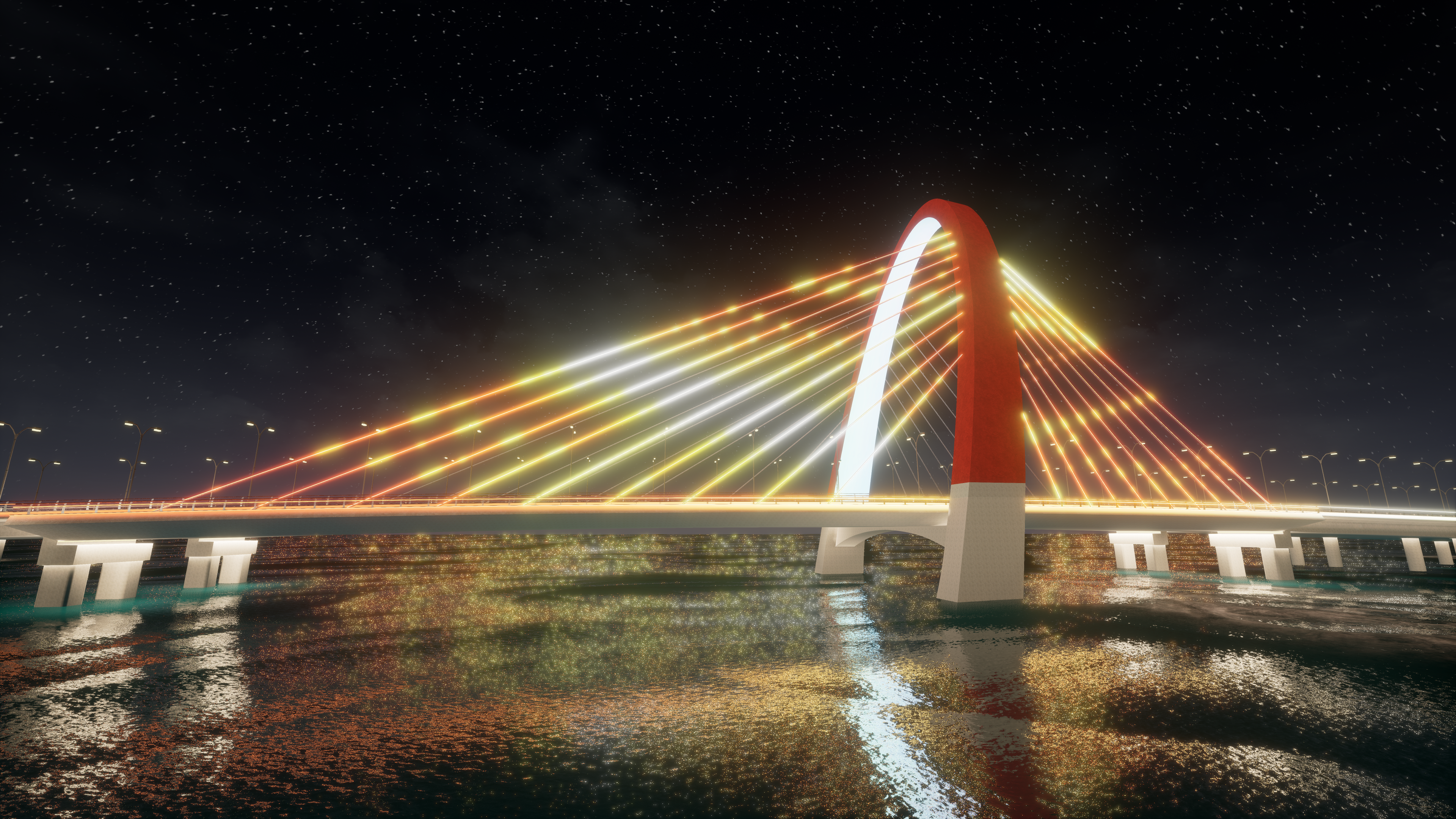 3D render of landmark arch cable-stayed bridge with dynamic colorful gradient RGB lighting in weekend mode