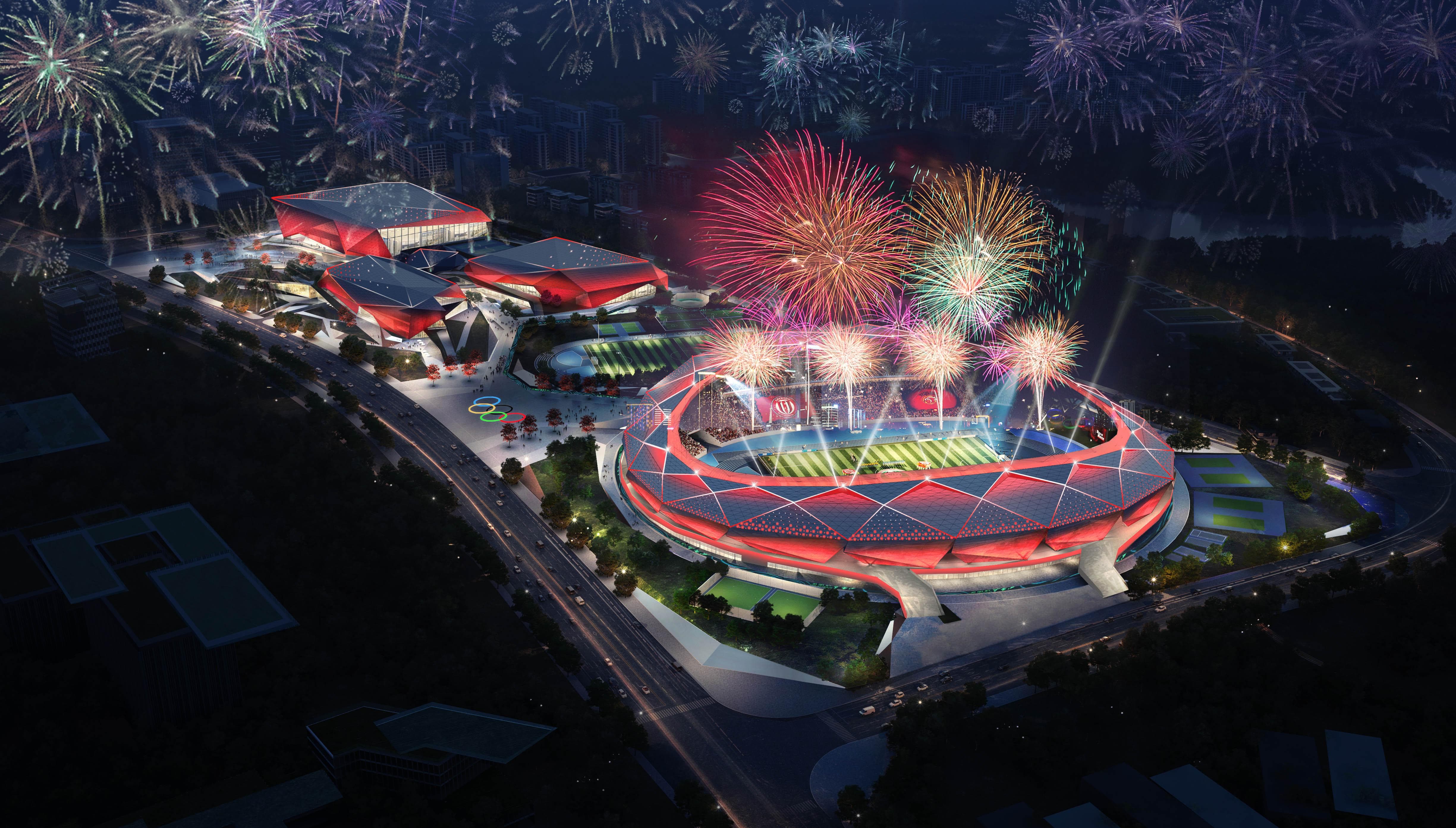 Guang'an sports complex festive dynamic lighting event render