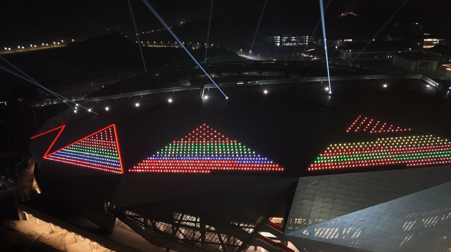 RGB colorful synchronous LED facade lighting of Guang'an Sports Stadium via Ethernet control system