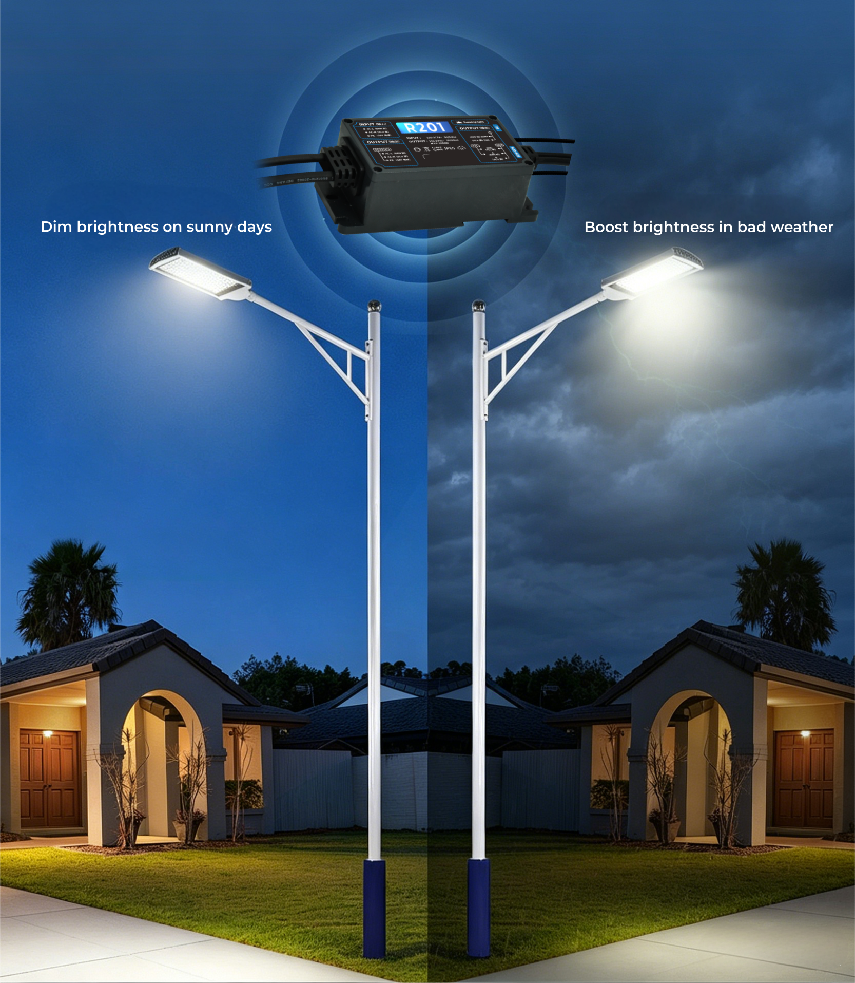 Weather adaptive dimming LED smart street lighting control system diagram