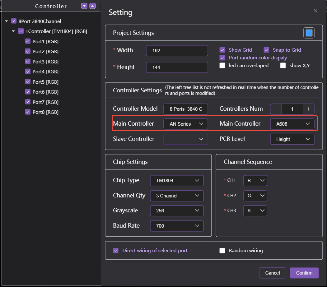 Controller configuration and RGB pixel channel setting in LED editing software.