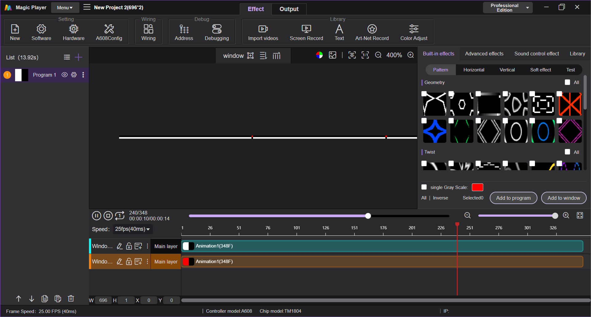 Timeline and built-in geometric effect editing for LED pixel strips.