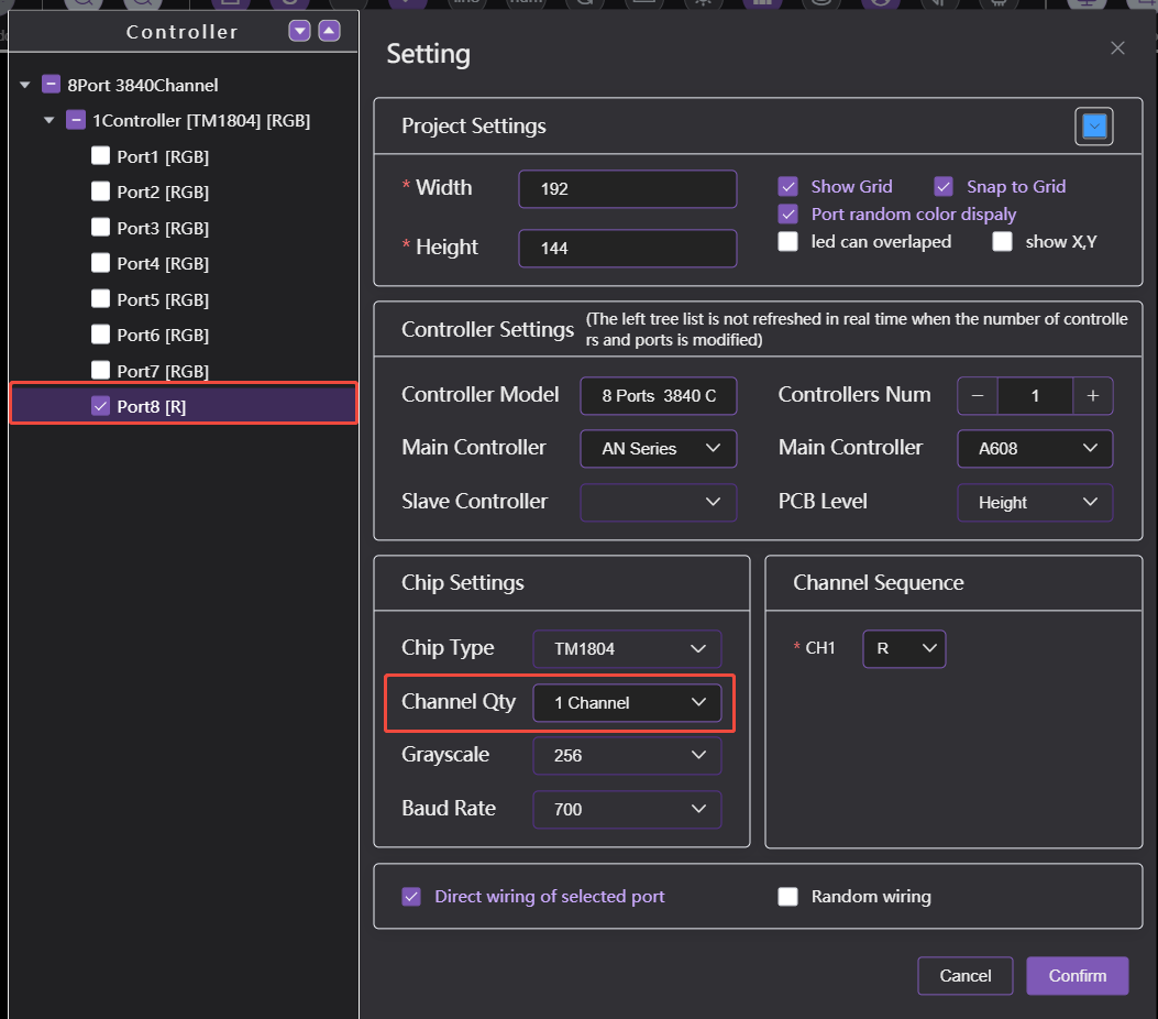 Single channel selection for LED pixel control settings.