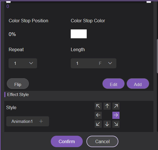 Lighting effect style and animation direction setting.