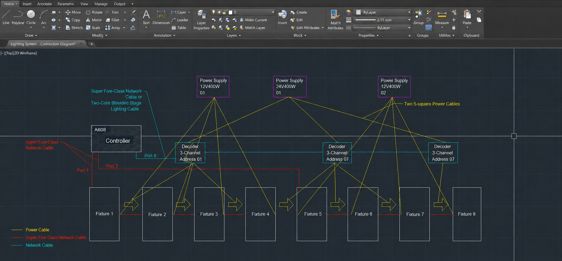 Wiring diagram for connecting addressable LED strips and decoders to a controller.