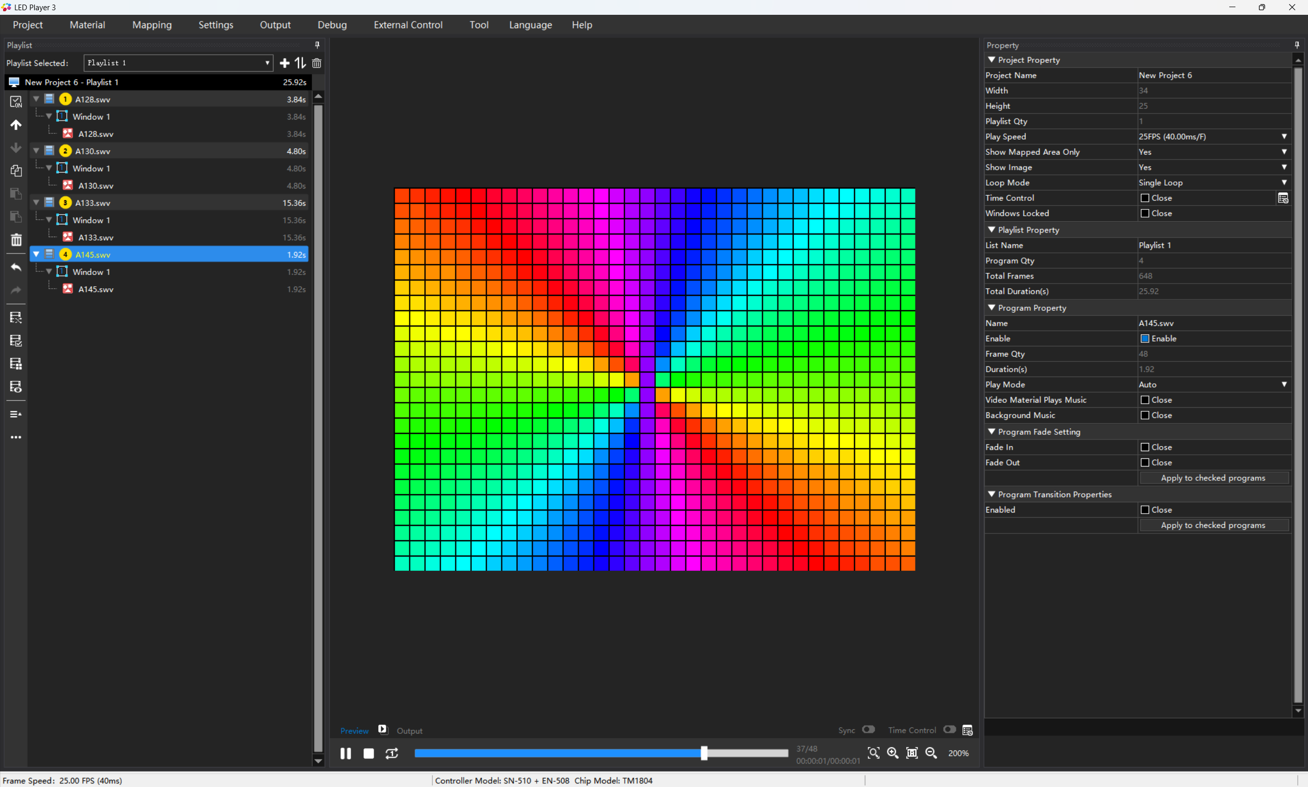Color matrix preview and timeline programming in LED Player software.